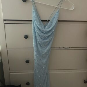 SEYCHELLES
Embellished Cowl Neck Mini Dress in Blue